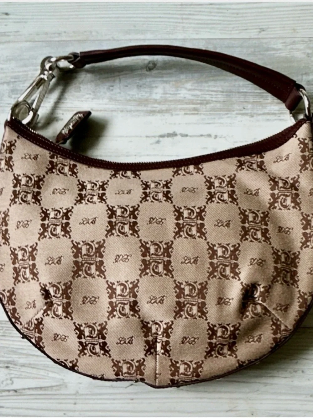 Y2K Brown Monogram Canvas & Brown Leather Shoulder Bag Leonello Borghi